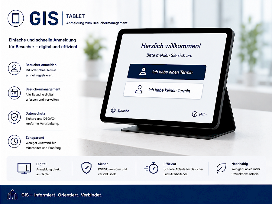 GIS Gebäudeinformationssystem - Besuchermanagement:Gebäudeinformationssystem (GIS) für zentrale Gebäudedaten – Raumübersichten, Zuständigkeiten und Informationen schnell, übersichtlich und digital bereitstellen.