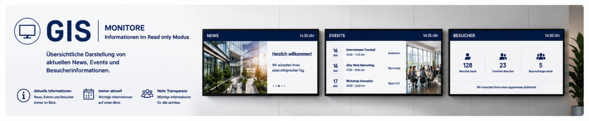 GIS Gebäudeinformationssystem - Monitore: Gebäudeinformationssystem (GIS) für zentrale Gebäudedaten – Raumübersichten, Zuständigkeiten und Informationen schnell, übersichtlich und digital bereitstellen.