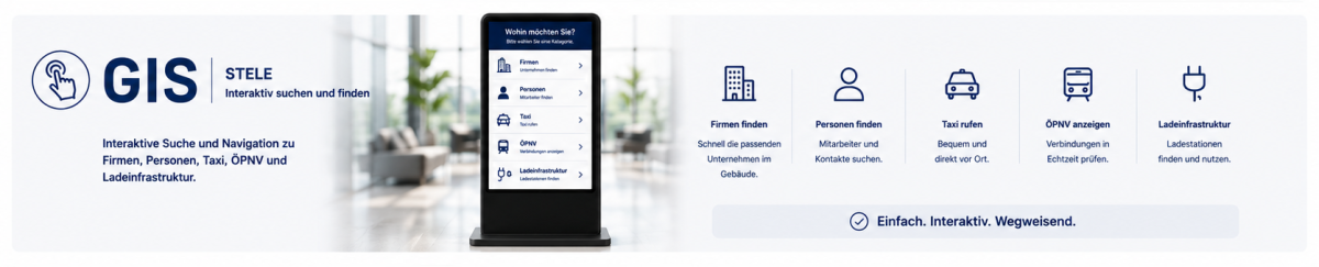GIS Gebäudeinformationssystem - Stele: Gebäudeinformationssystem (GIS) für zentrale Gebäudedaten – Raumübersichten, Zuständigkeiten und Informationen schnell, übersichtlich und digital bereitstellen.